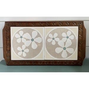 Hand Carved Wood Tile Trivet Country VTG Kitchen Rustic‎